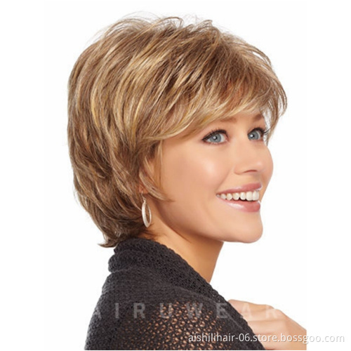 Wholesale heat resistant cheap synthetic hair short dark gold natueal wigs synthetic hair wigs for women